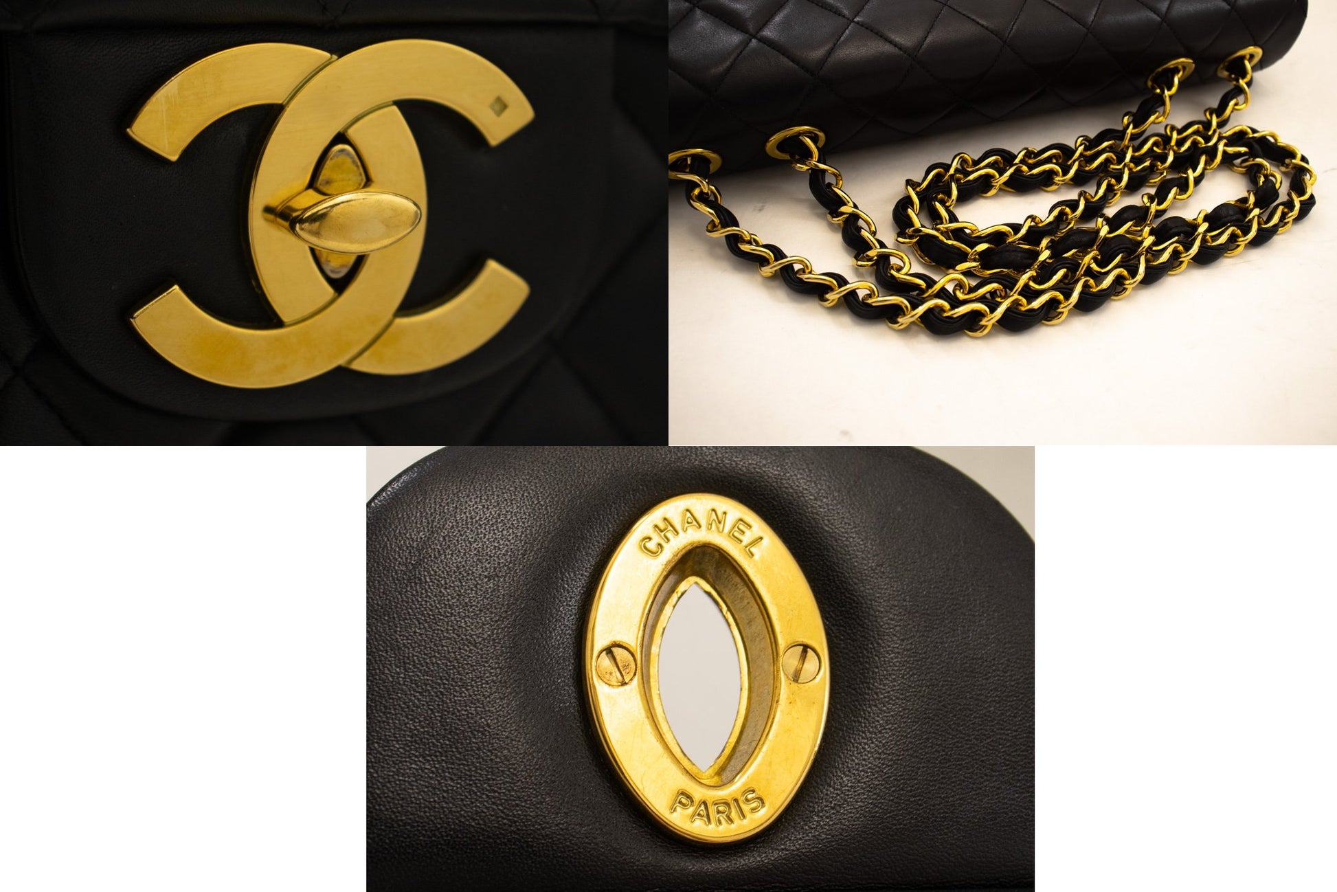 CHANEL Classic Large 13" Flap Chain Schultertasche Schwarz Lammleder j74 hannari-shop