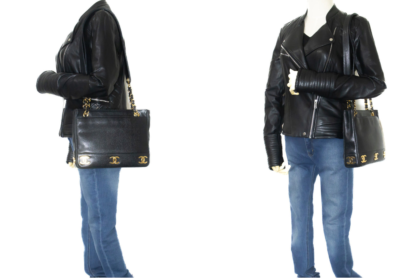 CHANEL Caviar Triple Coco Chain Shoulder Bag Black Leather Gold m25 hannari-shop