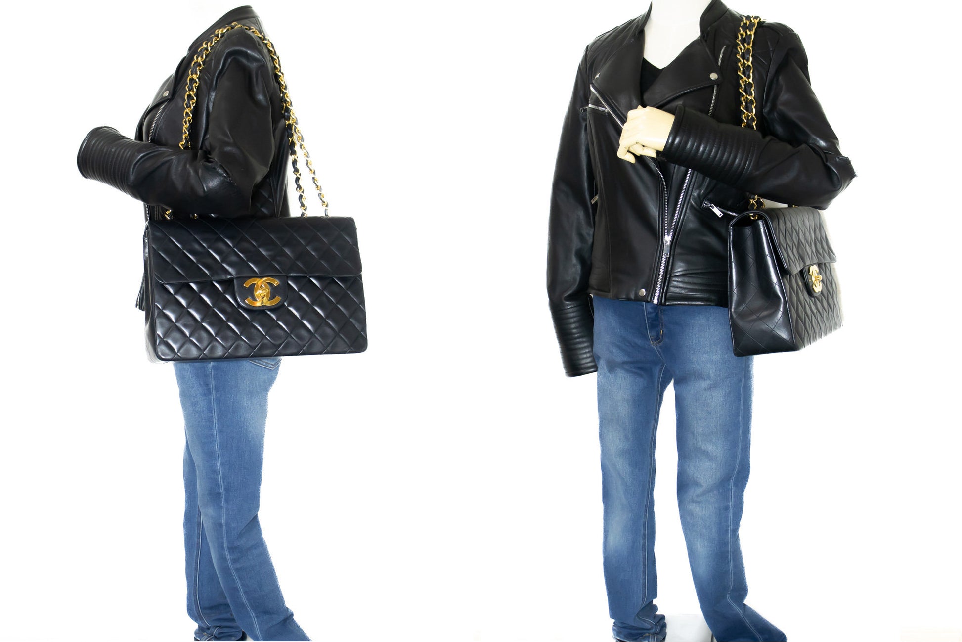 CHANEL Classic Large 13" Flap Chain Schultertasche Schwarz Lammleder j74 hannari-shop