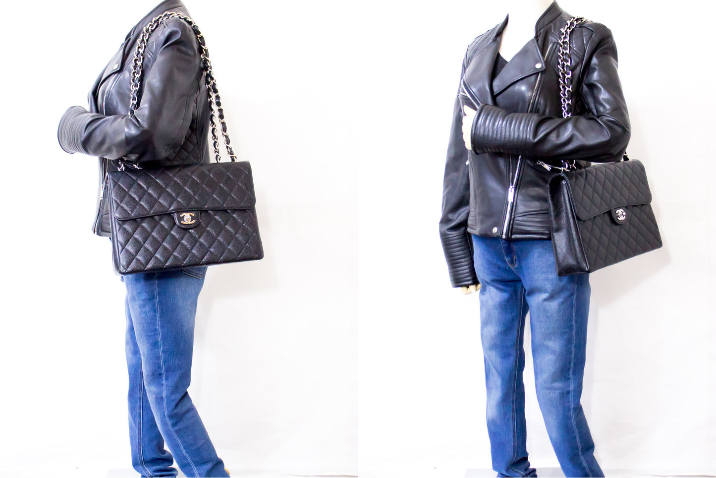 CHANEL Large Classic Handbag Chain Shoulder Bag Flap Black Caviar g66 hannari-shop