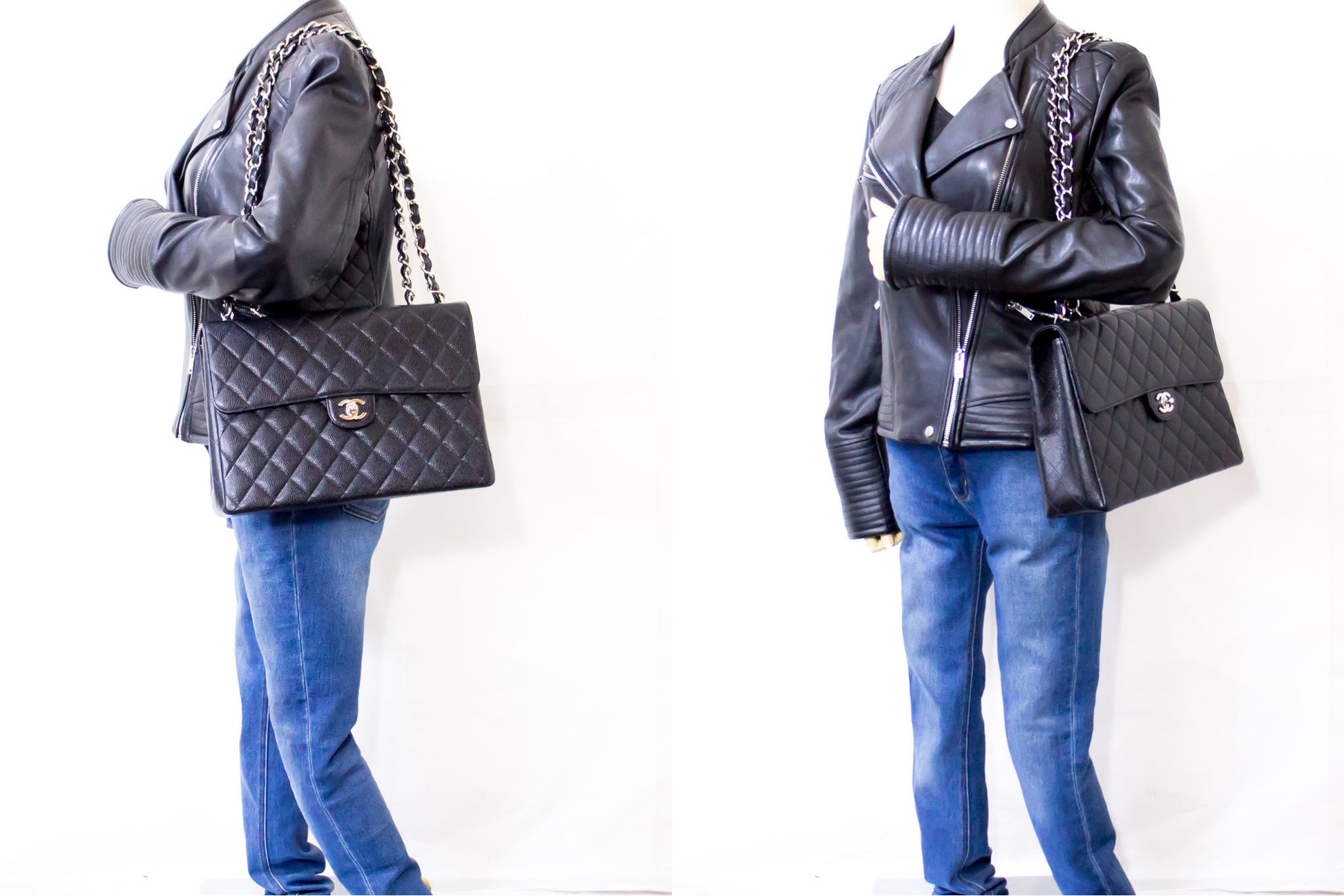CHANEL Large Classic Handbag Chain Shoulder Bag Flap Black Caviar g66 hannari-shop